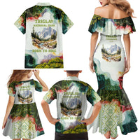 Triglav National Park Family Matching Mermaid Dress and Hawaiian Shirt Mountain Landscape with Slovenia Crest and Folk Art Details