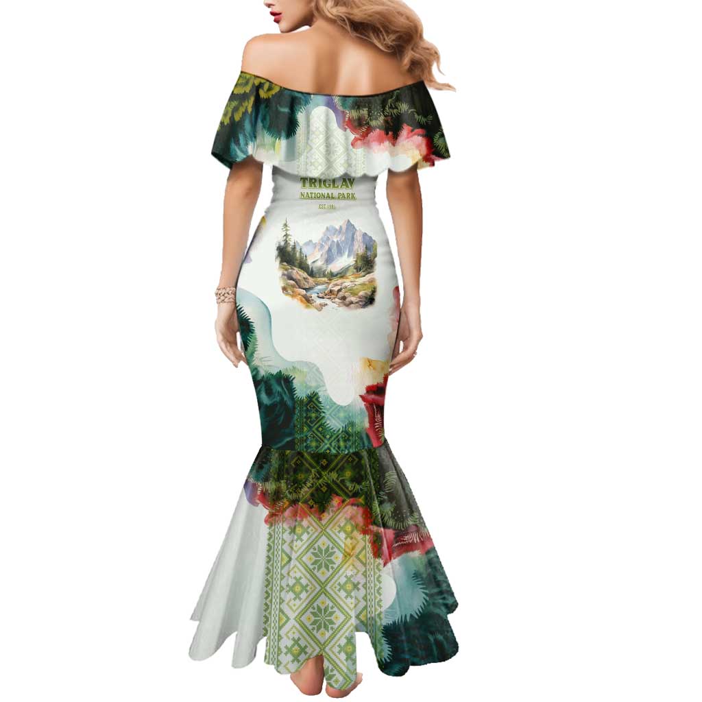 Triglav National Park Family Matching Mermaid Dress and Hawaiian Shirt Mountain Landscape with Slovenia Crest and Folk Art Details