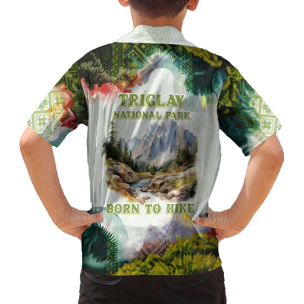 Triglav National Park Family Matching Off The Shoulder Long Sleeve Dress and Hawaiian Shirt Mountain Landscape with Slovenia Crest and Folk Art Details