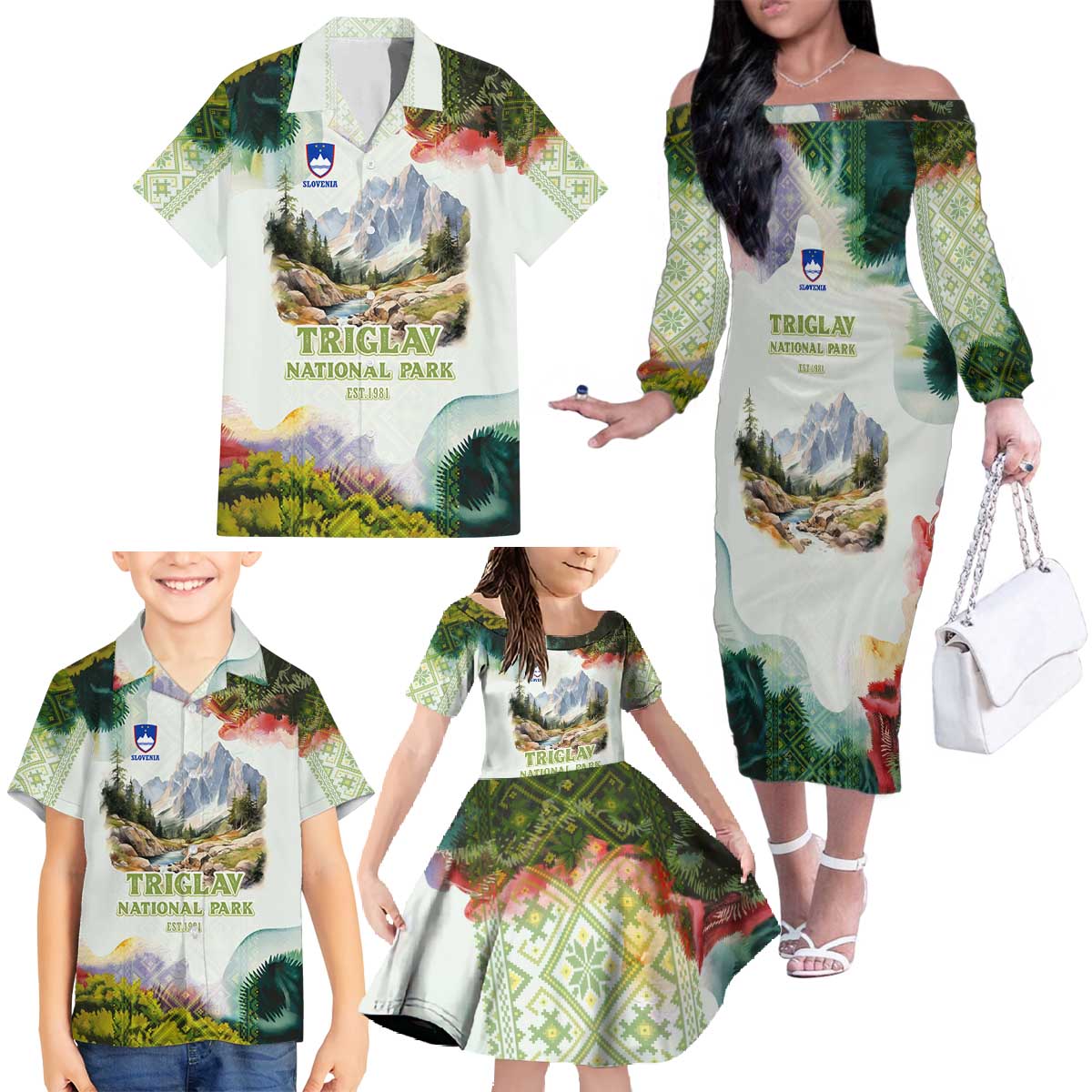 Triglav National Park Family Matching Off The Shoulder Long Sleeve Dress and Hawaiian Shirt Mountain Landscape with Slovenia Crest and Folk Art Details