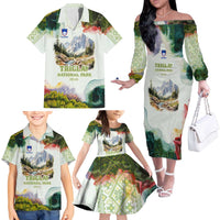 Triglav National Park Family Matching Off The Shoulder Long Sleeve Dress and Hawaiian Shirt Mountain Landscape with Slovenia Crest and Folk Art Details