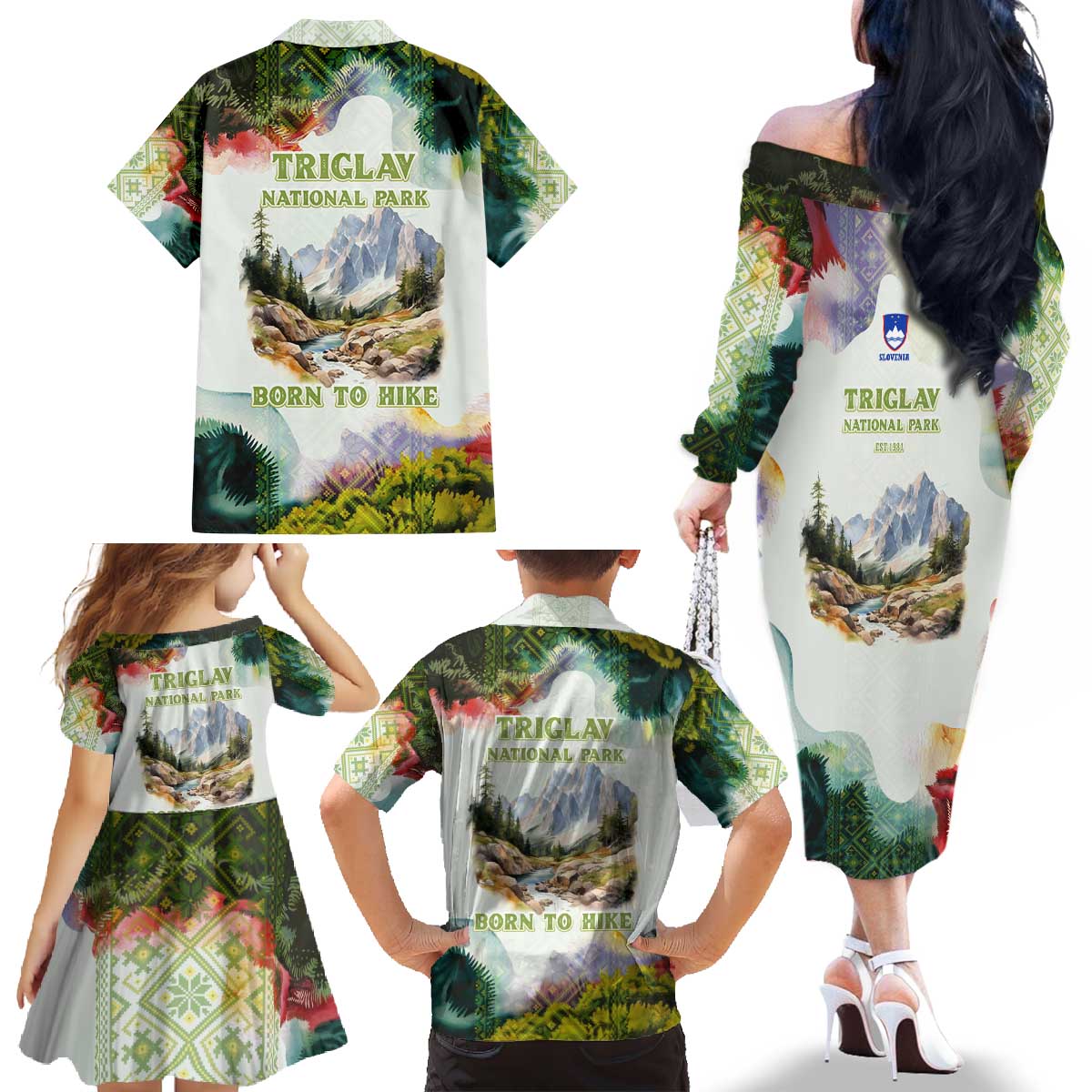 Triglav National Park Family Matching Off The Shoulder Long Sleeve Dress and Hawaiian Shirt Mountain Landscape with Slovenia Crest and Folk Art Details