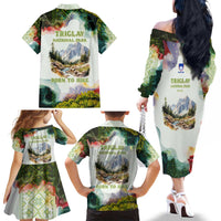 Triglav National Park Family Matching Off The Shoulder Long Sleeve Dress and Hawaiian Shirt Mountain Landscape with Slovenia Crest and Folk Art Details