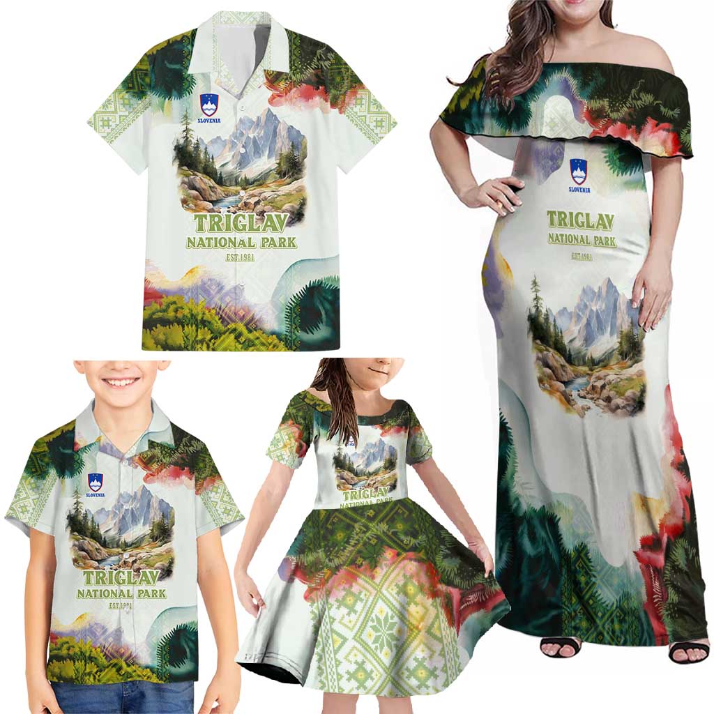 Triglav National Park Family Matching Off Shoulder Maxi Dress and Hawaiian Shirt Mountain Landscape with Slovenia Crest and Folk Art Details