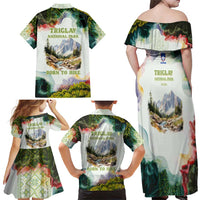 Triglav National Park Family Matching Off Shoulder Maxi Dress and Hawaiian Shirt Mountain Landscape with Slovenia Crest and Folk Art Details