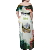 Triglav National Park Family Matching Off Shoulder Maxi Dress and Hawaiian Shirt Mountain Landscape with Slovenia Crest and Folk Art Details