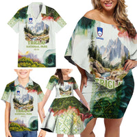 Triglav National Park Family Matching Off Shoulder Short Dress and Hawaiian Shirt Mountain Landscape with Slovenia Crest and Folk Art Details