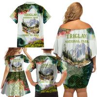 Triglav National Park Family Matching Off Shoulder Short Dress and Hawaiian Shirt Mountain Landscape with Slovenia Crest and Folk Art Details