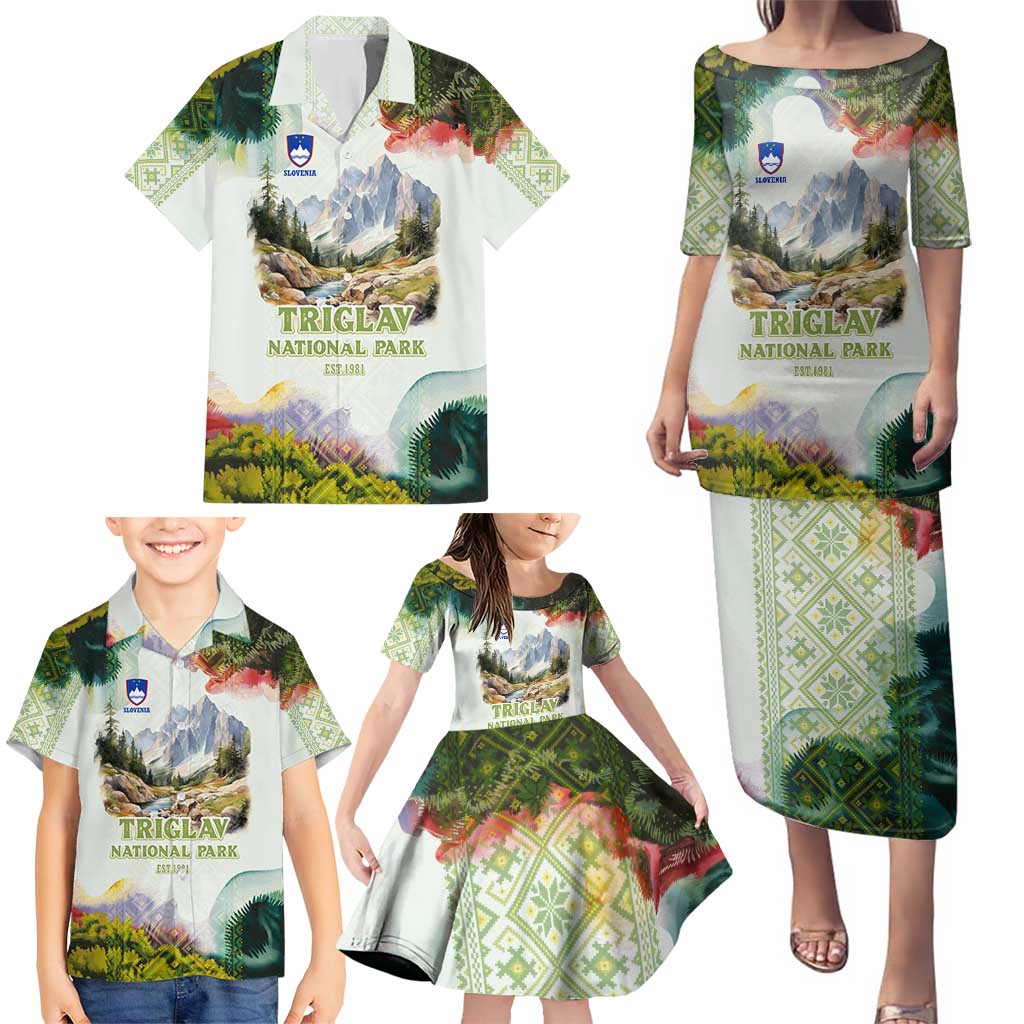 Triglav National Park Family Matching Puletasi and Hawaiian Shirt Mountain Landscape with Slovenia Crest and Folk Art Details