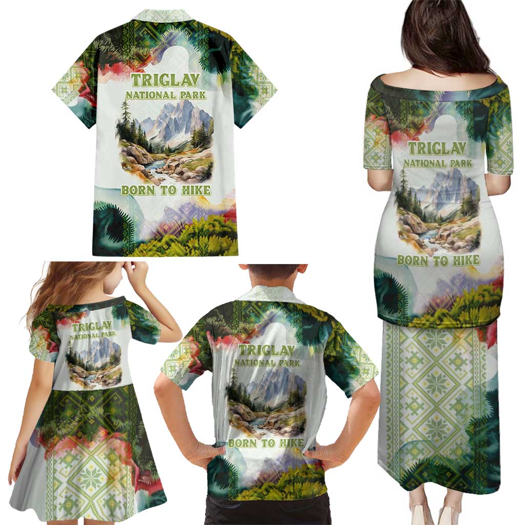 Triglav National Park Family Matching Puletasi and Hawaiian Shirt Mountain Landscape with Slovenia Crest and Folk Art Details