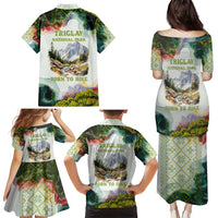 Triglav National Park Family Matching Puletasi and Hawaiian Shirt Mountain Landscape with Slovenia Crest and Folk Art Details