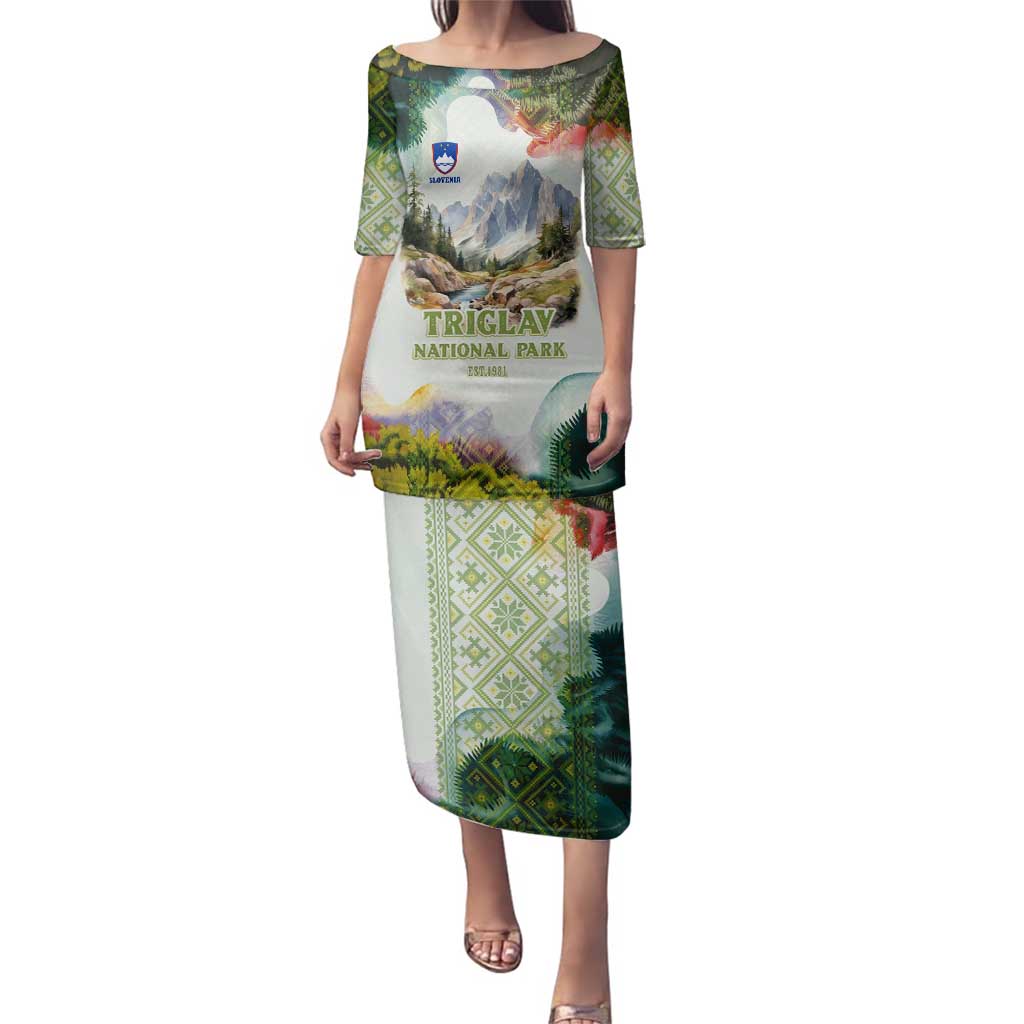 Triglav National Park Family Matching Puletasi and Hawaiian Shirt Mountain Landscape with Slovenia Crest and Folk Art Details