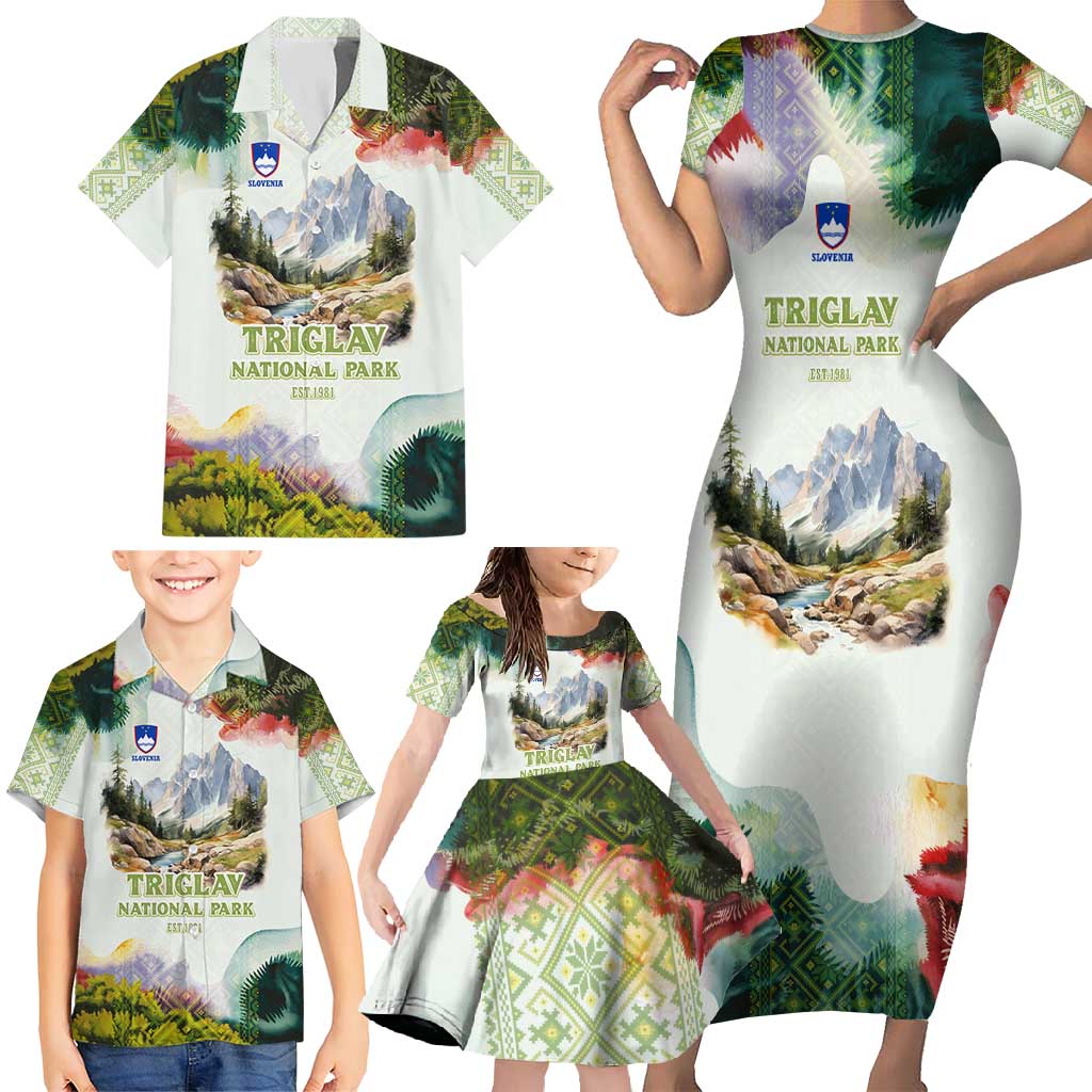 Triglav National Park Family Matching Short Sleeve Bodycon Dress and Hawaiian Shirt Mountain Landscape with Slovenia Crest and Folk Art Details