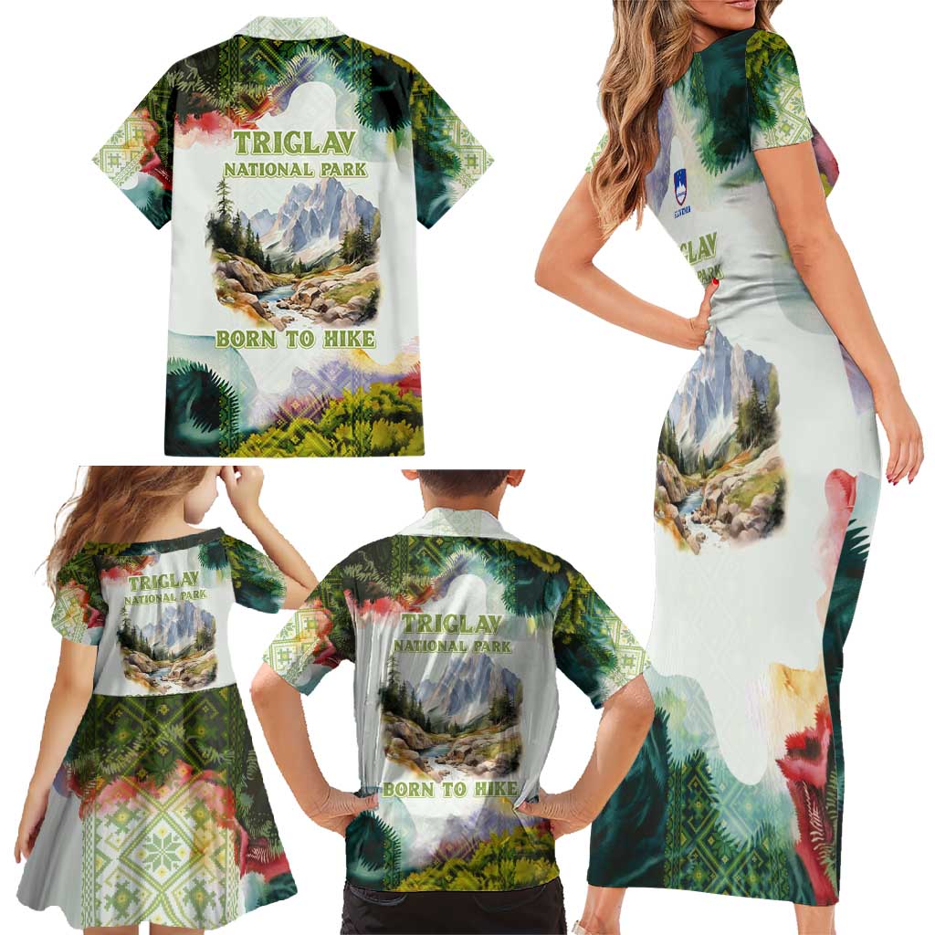 Triglav National Park Family Matching Short Sleeve Bodycon Dress and Hawaiian Shirt Mountain Landscape with Slovenia Crest and Folk Art Details