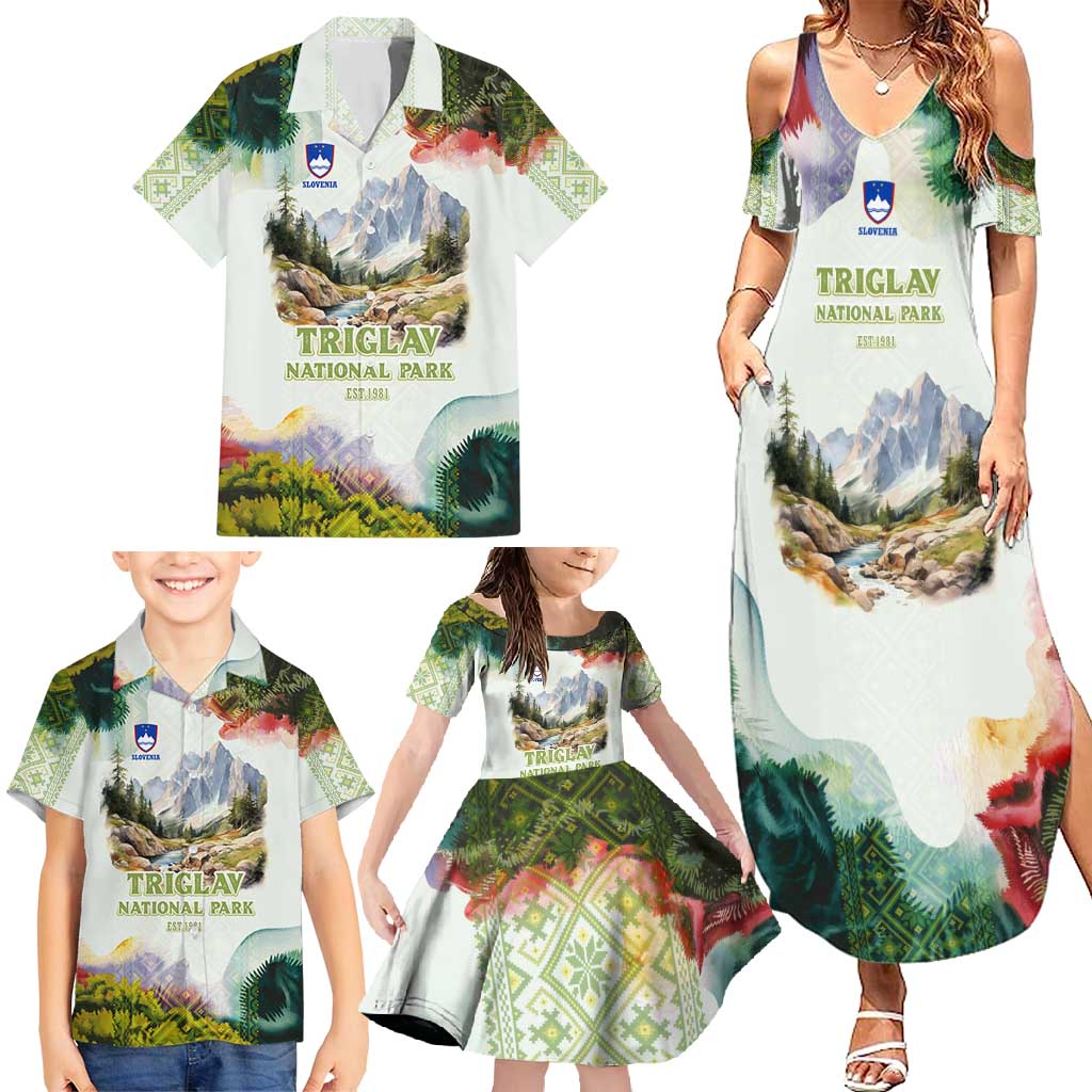 Triglav National Park Family Matching Summer Maxi Dress and Hawaiian Shirt Mountain Landscape with Slovenia Crest and Folk Art Details