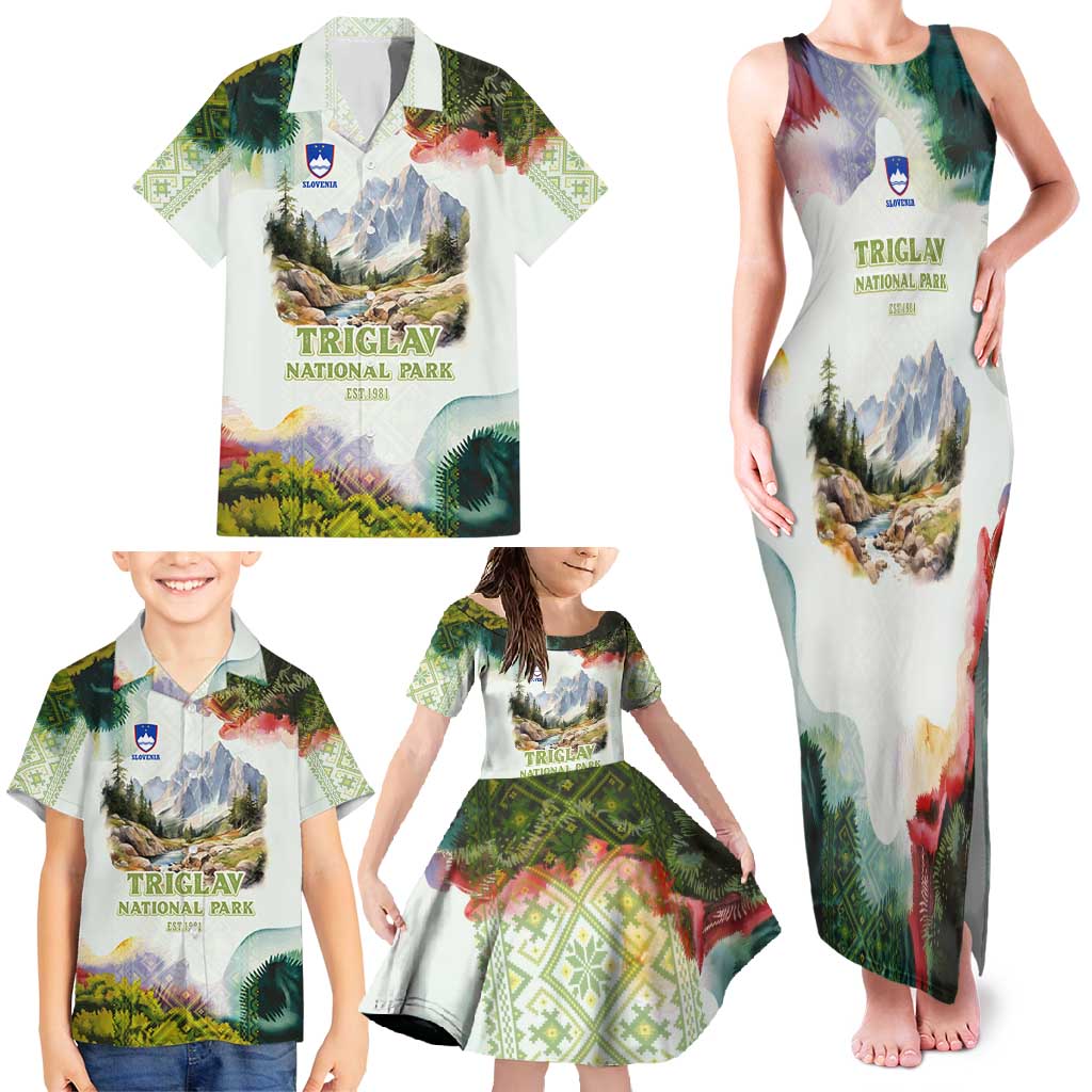 Triglav National Park Family Matching Tank Maxi Dress and Hawaiian Shirt Mountain Landscape with Slovenia Crest and Folk Art Details