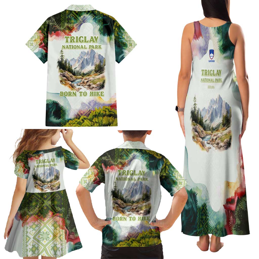 Triglav National Park Family Matching Tank Maxi Dress and Hawaiian Shirt Mountain Landscape with Slovenia Crest and Folk Art Details