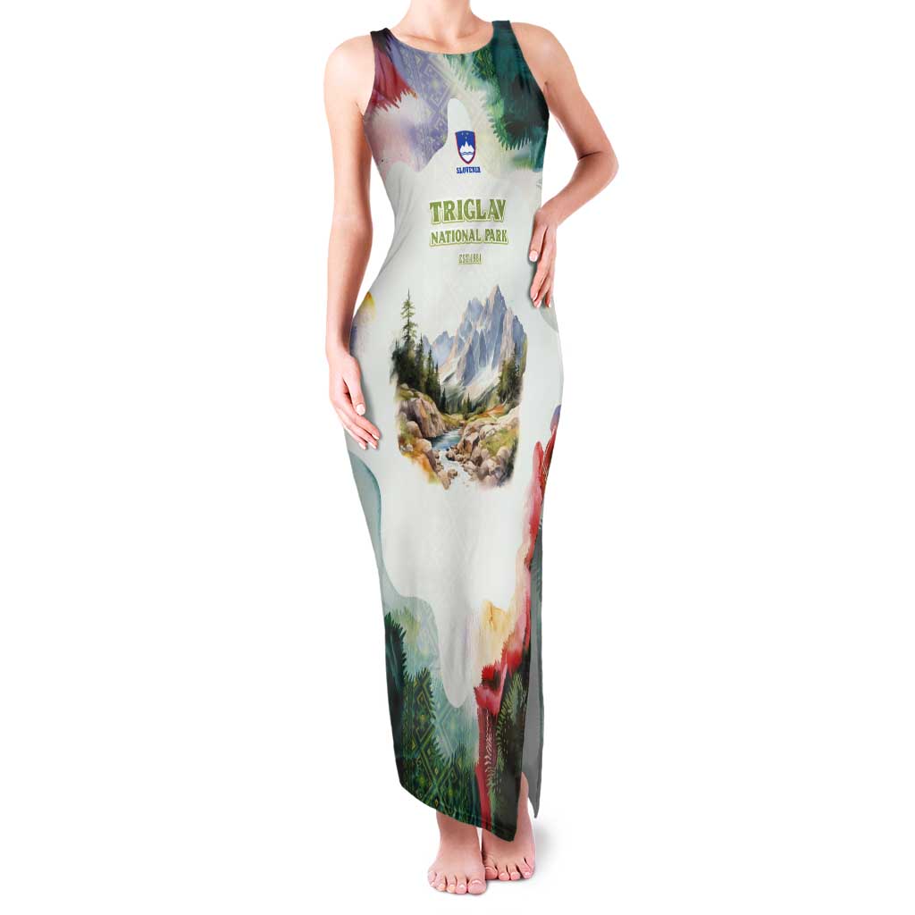 Triglav National Park Family Matching Tank Maxi Dress and Hawaiian Shirt Mountain Landscape with Slovenia Crest and Folk Art Details