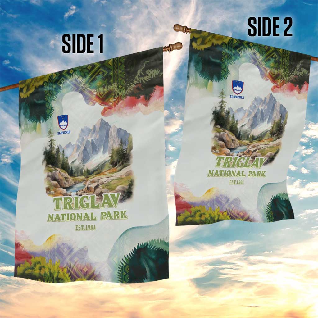 Triglav National Park Garden Flag Mountain Landscape with Slovenia Crest and Folk Art Details