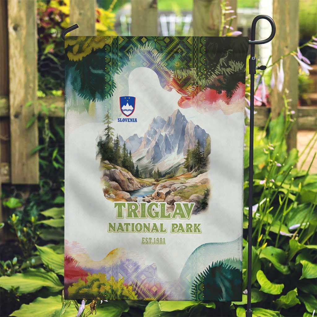 Triglav National Park Garden Flag Mountain Landscape with Slovenia Crest and Folk Art Details
