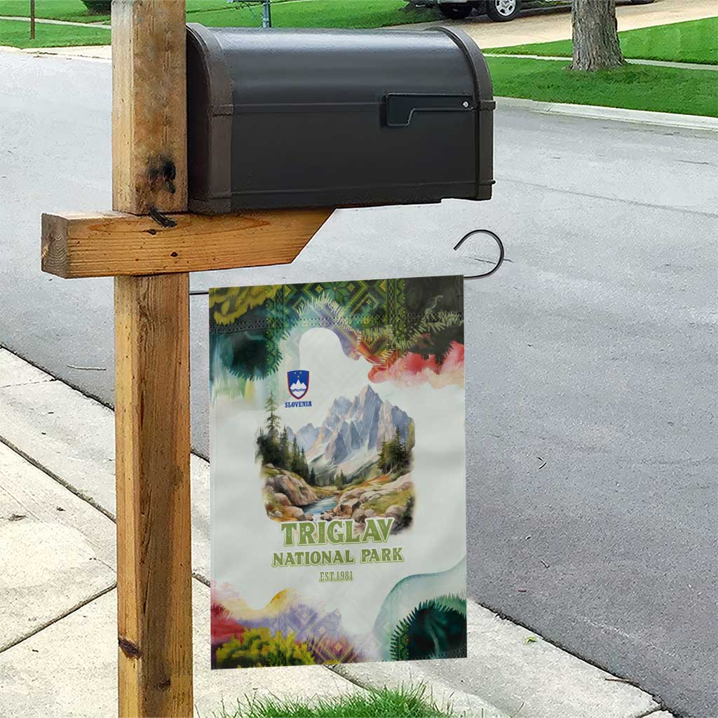 Triglav National Park Garden Flag Mountain Landscape with Slovenia Crest and Folk Art Details