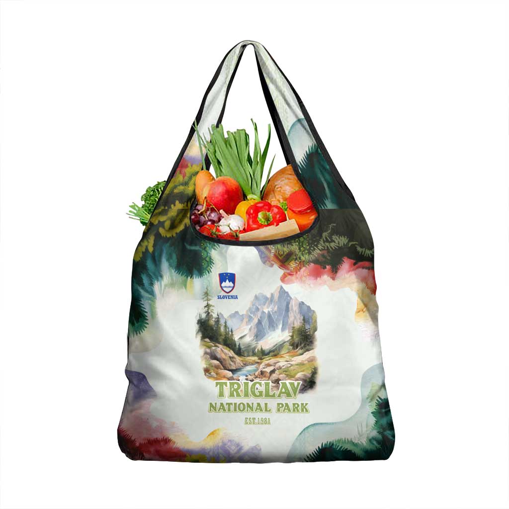 Triglav National Park Grocery Bag Mountain Landscape with Slovenia Crest and Folk Art Details
