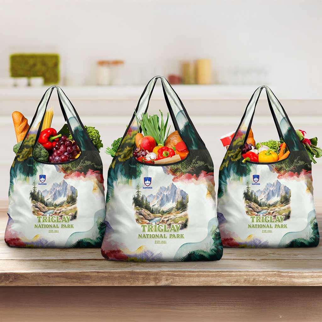 Triglav National Park Grocery Bag Mountain Landscape with Slovenia Crest and Folk Art Details