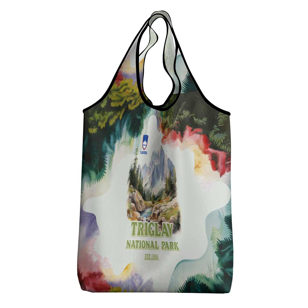 Triglav National Park Grocery Bag Mountain Landscape with Slovenia Crest and Folk Art Details