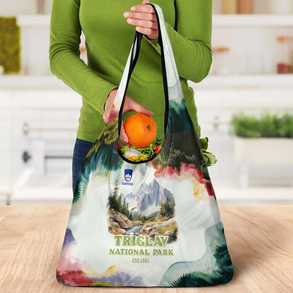 Triglav National Park Grocery Bag Mountain Landscape with Slovenia Crest and Folk Art Details