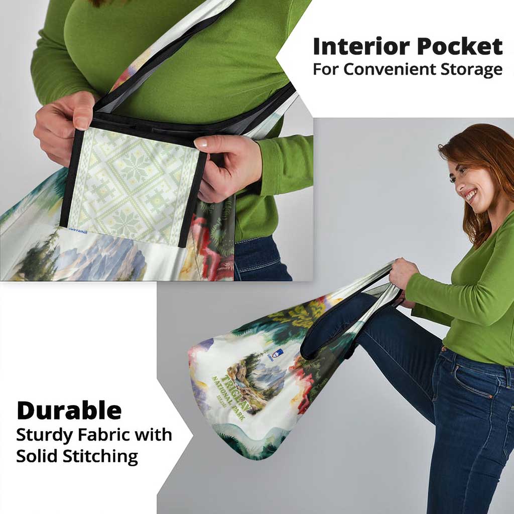 Triglav National Park Grocery Bag Mountain Landscape with Slovenia Crest and Folk Art Details