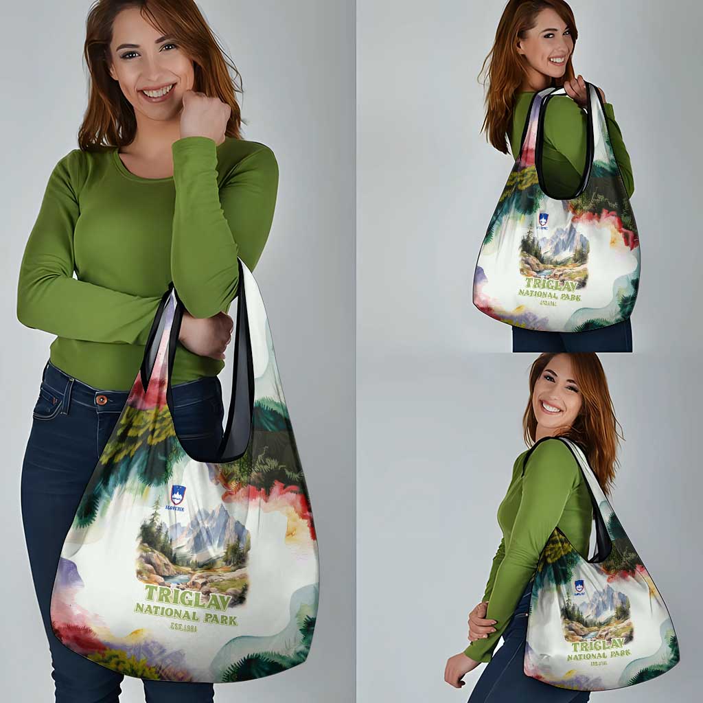 Triglav National Park Grocery Bag Mountain Landscape with Slovenia Crest and Folk Art Details