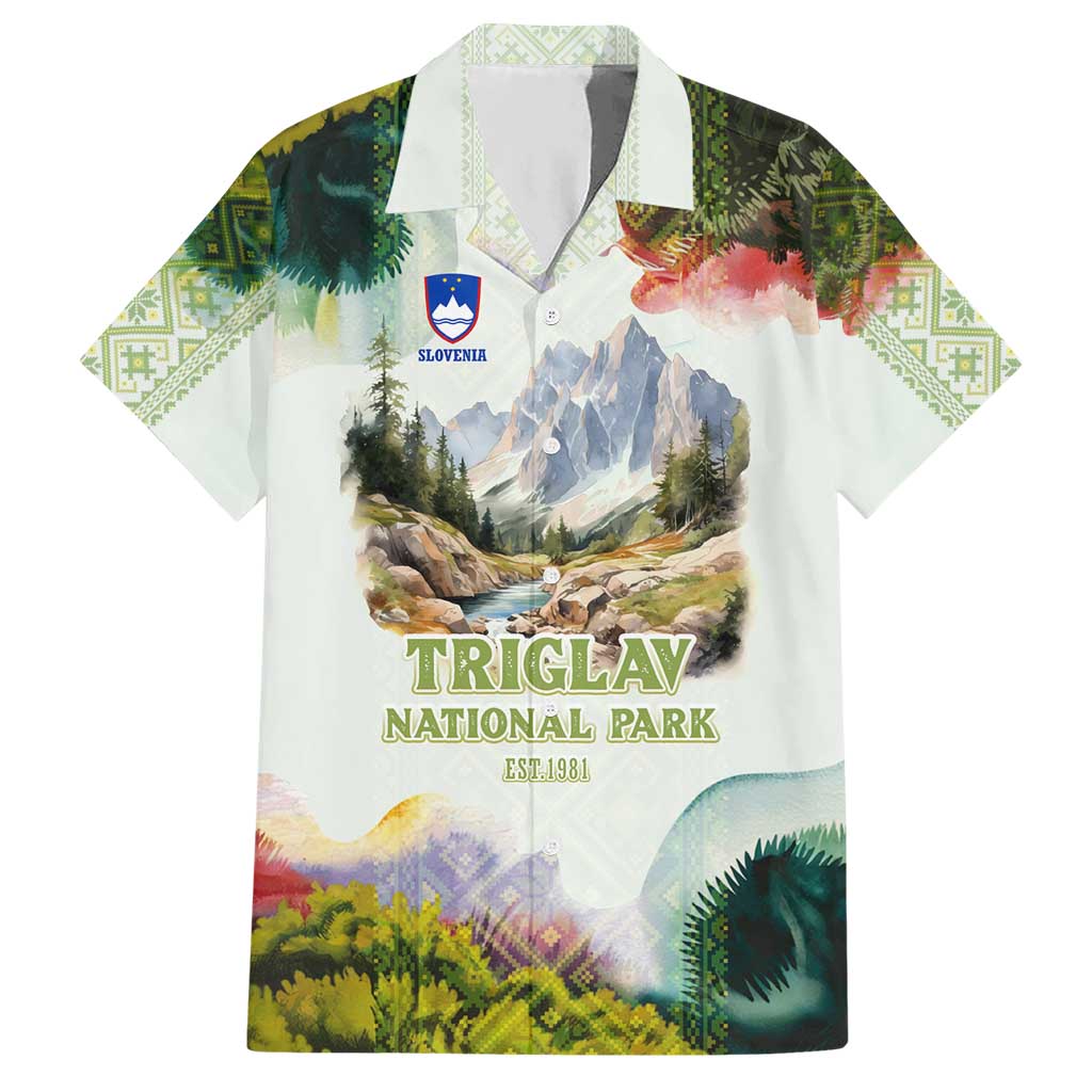 Triglav National Park Hawaiian Shirt Mountain Landscape with Slovenia Crest and Folk Art Details