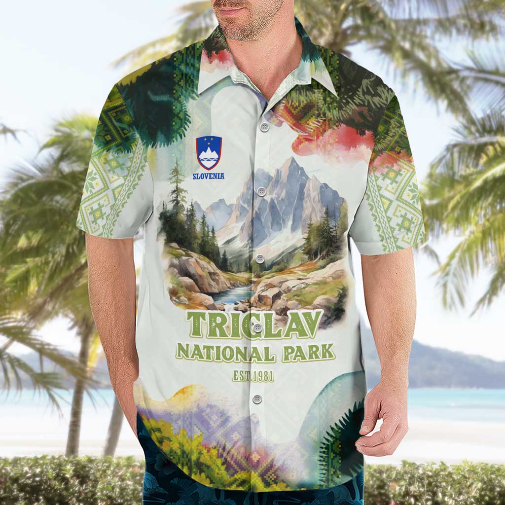 Triglav National Park Hawaiian Shirt Mountain Landscape with Slovenia Crest and Folk Art Details