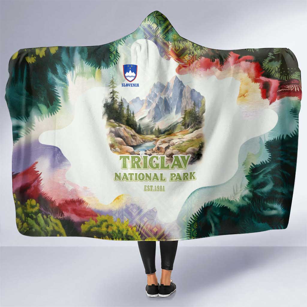 Triglav National Park Hooded Blanket Mountain Landscape with Slovenia Crest and Folk Art Details