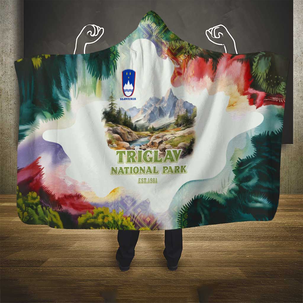 Triglav National Park Hooded Blanket Mountain Landscape with Slovenia Crest and Folk Art Details