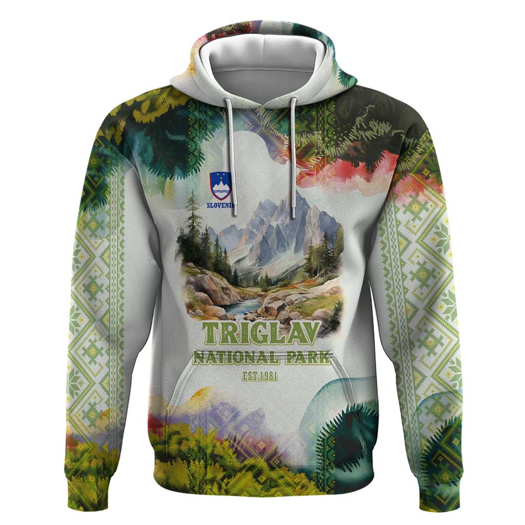 Triglav National Park Hoodie Mountain Landscape with Slovenia Crest and Folk Art Details