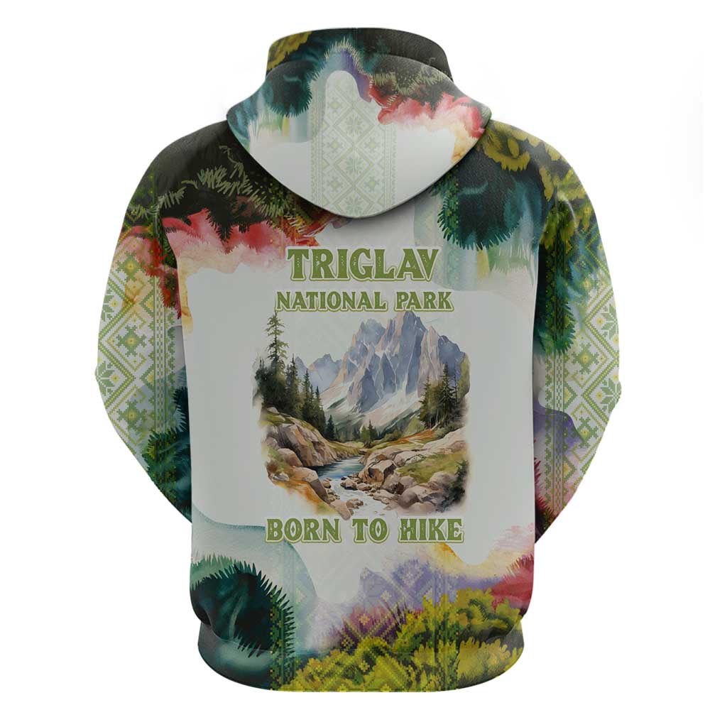 Triglav National Park Hoodie Mountain Landscape with Slovenia Crest and Folk Art Details