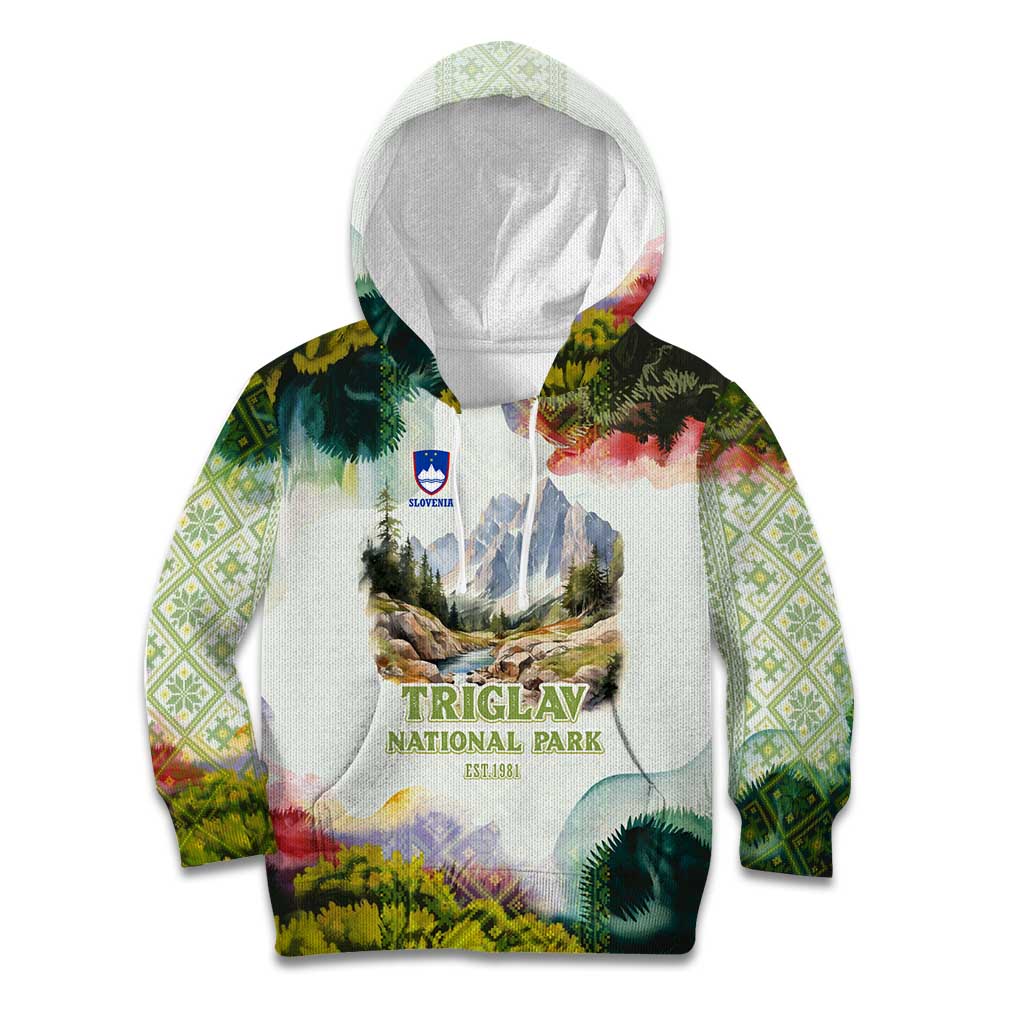 Triglav National Park Kid Hoodie Mountain Landscape with Slovenia Crest and Folk Art Details