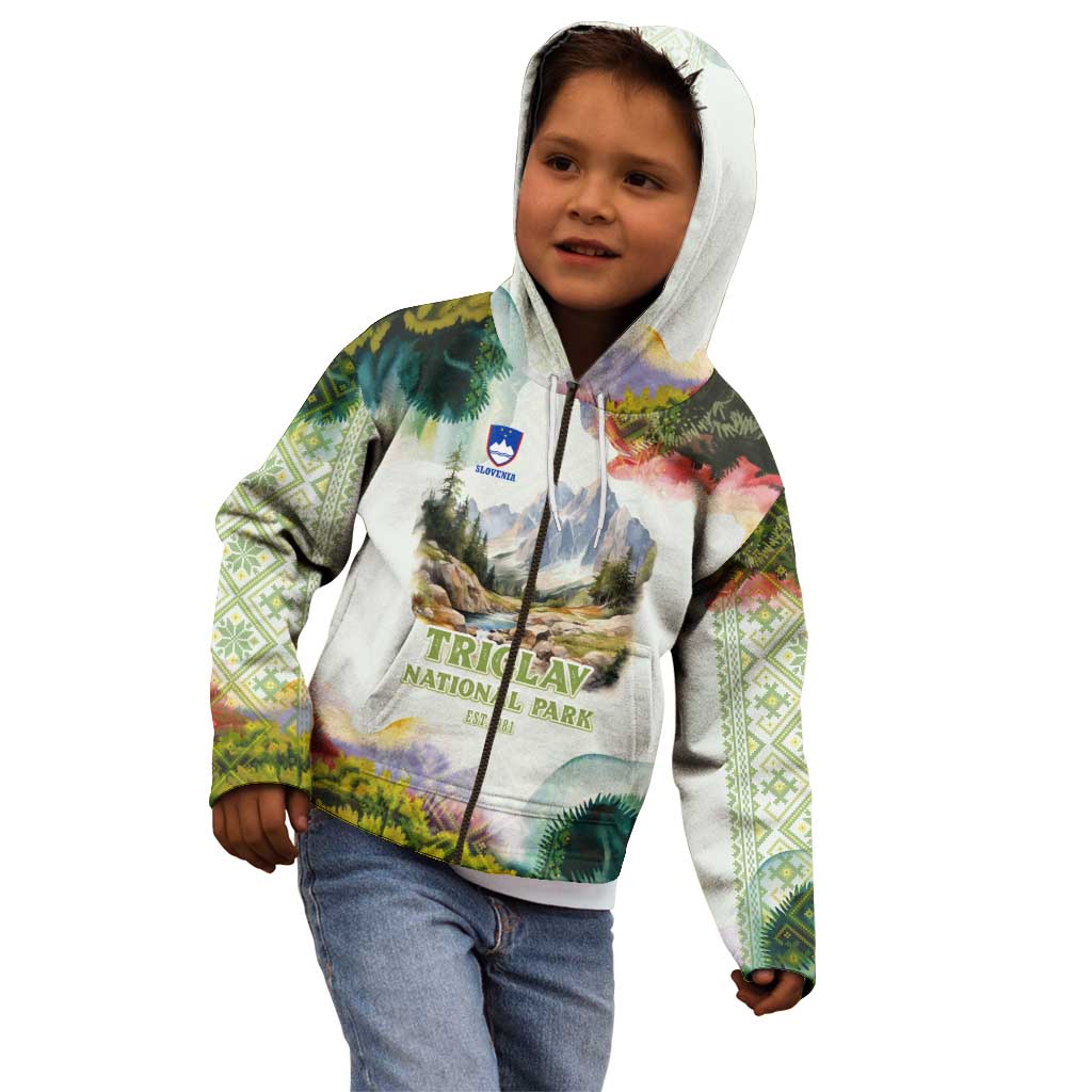 Triglav National Park Kid Hoodie Mountain Landscape with Slovenia Crest and Folk Art Details