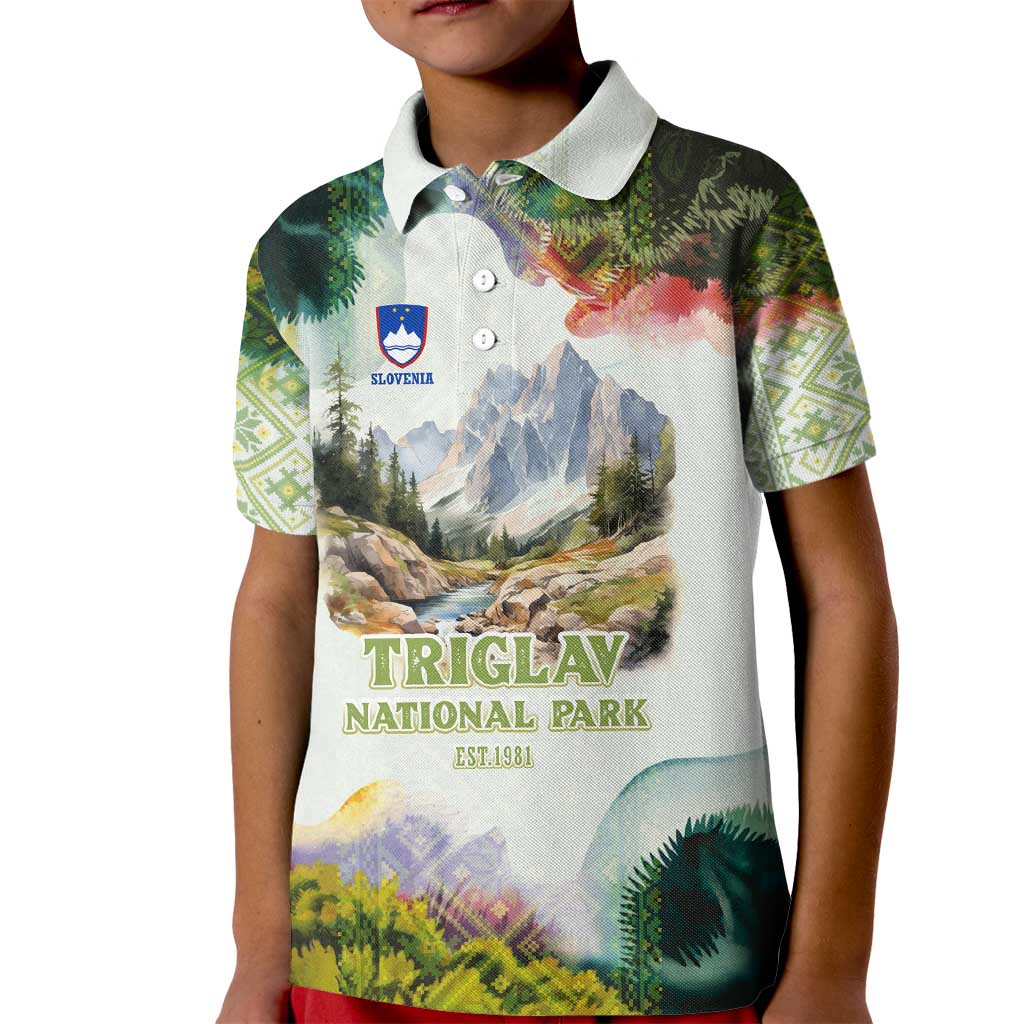 Triglav National Park Kid Polo Shirt Mountain Landscape with Slovenia Crest and Folk Art Details