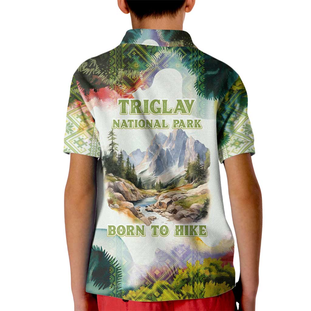 Triglav National Park Kid Polo Shirt Mountain Landscape with Slovenia Crest and Folk Art Details