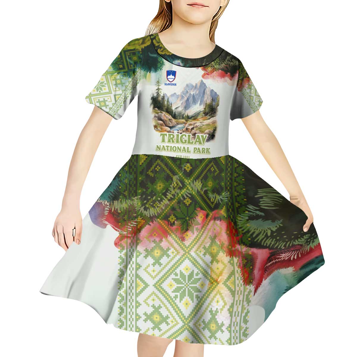 Triglav National Park Kid Short Sleeve Dress Mountain Landscape with Slovenia Crest and Folk Art Details