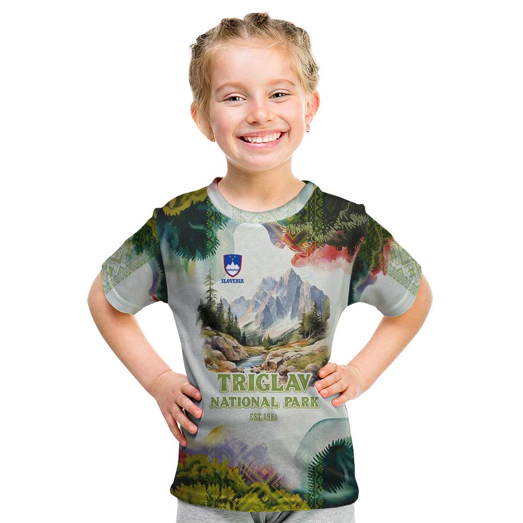 Triglav National Park Kid T Shirt Mountain Landscape with Slovenia Crest and Folk Art Details