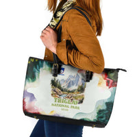 Triglav National Park Leather Tote Bag Mountain Landscape with Slovenia Crest and Folk Art Details