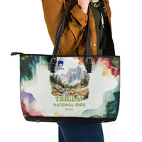 Triglav National Park Leather Tote Bag Mountain Landscape with Slovenia Crest and Folk Art Details