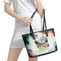 Triglav National Park Leather Tote Bag Mountain Landscape with Slovenia Crest and Folk Art Details