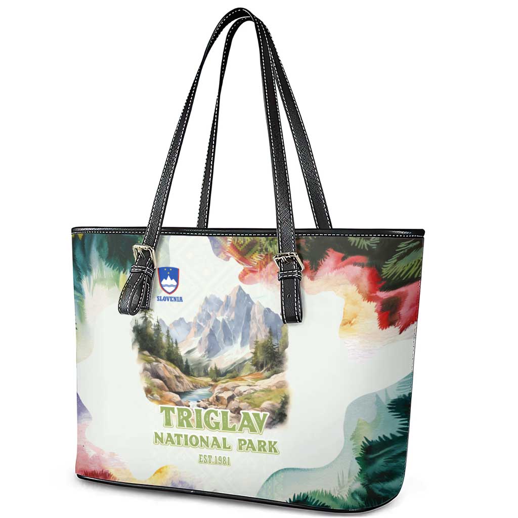 Triglav National Park Leather Tote Bag Mountain Landscape with Slovenia Crest and Folk Art Details