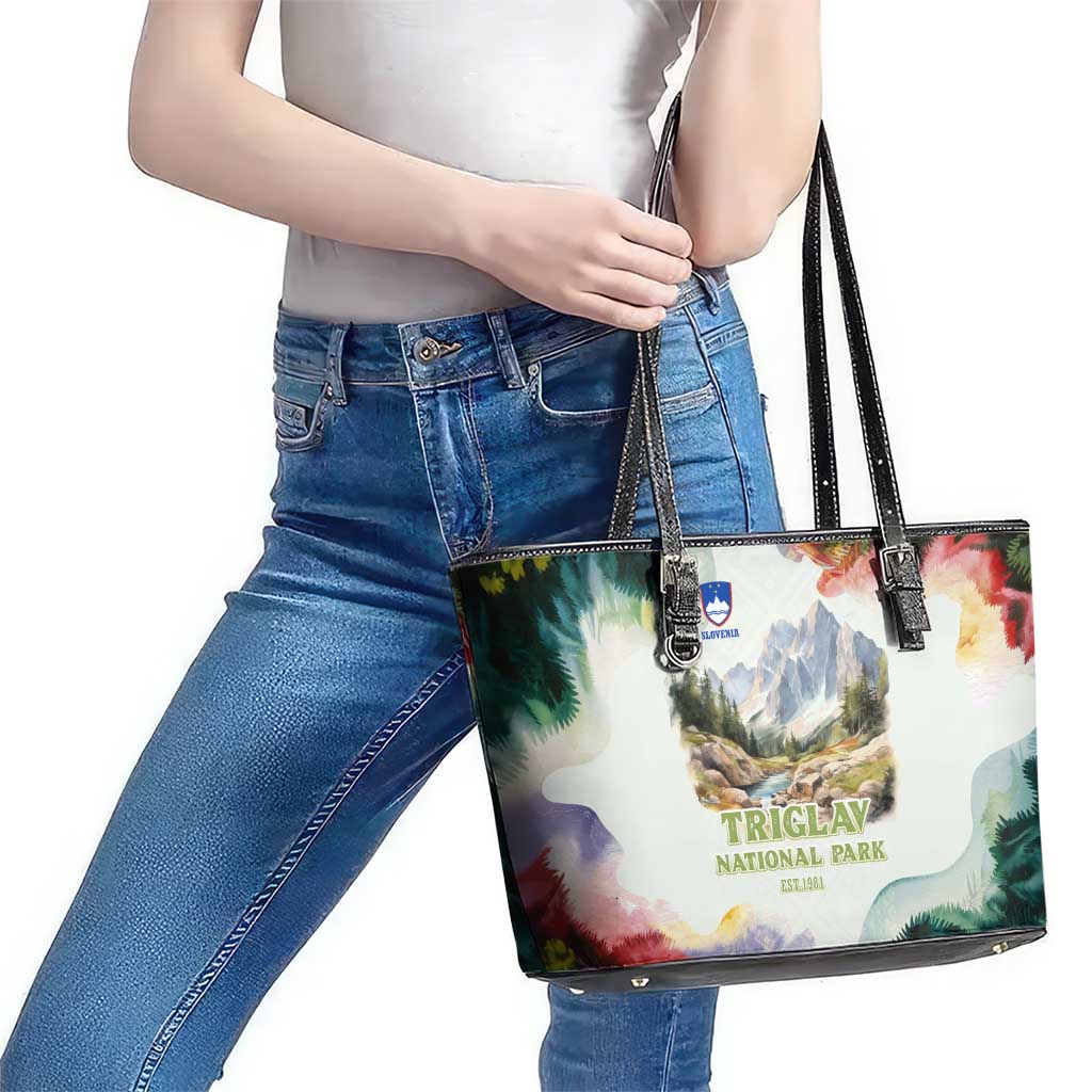 Triglav National Park Leather Tote Bag Mountain Landscape with Slovenia Crest and Folk Art Details