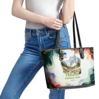 Triglav National Park Leather Tote Bag Mountain Landscape with Slovenia Crest and Folk Art Details
