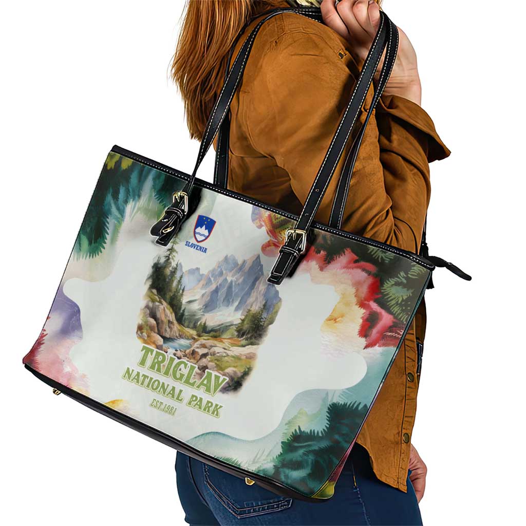 Triglav National Park Leather Tote Bag Mountain Landscape with Slovenia Crest and Folk Art Details